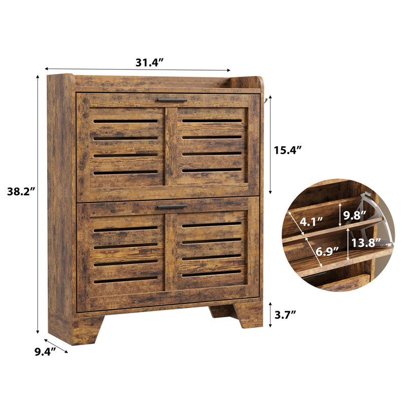 Rustic Brown Wood Shoe Cabinet with Flip Drawers