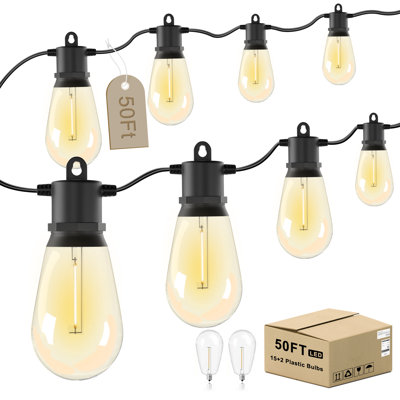  50FT Outdoor String Lights IP65 Waterproof Patio Lights With 15 + 2 Shatterproof LED Edison Bulbs