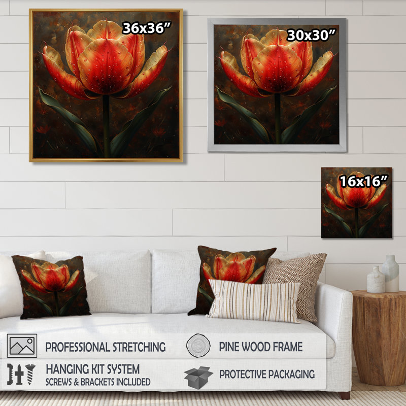 «Red Tulip Red Flower - Tulip», art mural, H 30 po x l 30 po x P 1 po, Toile encadrée flottée blanche