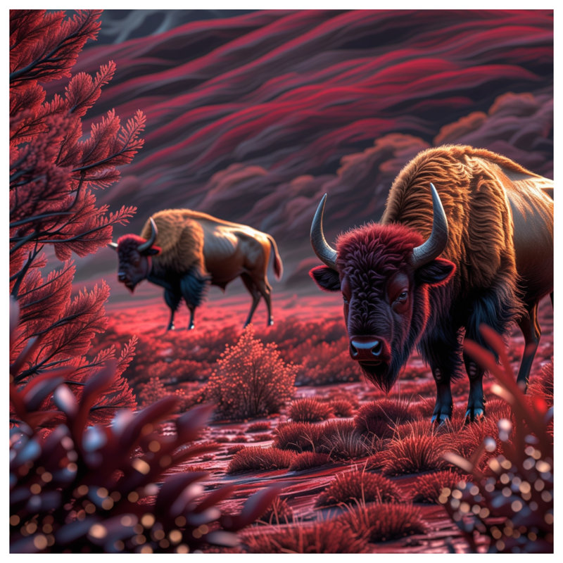 Tapisserie murale Bison In Red Landscape - Bison Wall Decor, H 68 po x l 80 po avec 4 œillets
