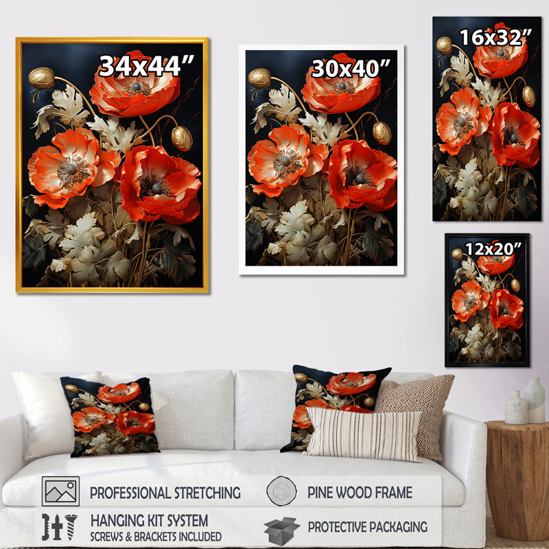 Bronze éclatant coquelicots en lueur métallique II - coquelicots, art mural, Cadre simple noir, H 44 po x l 34 po x P 1,5 po