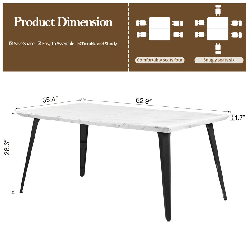 Albury Howington Modern Dining Table for 6 People  with Flat Iron Legs Adjustable Feet Premium Edge Finishes, White