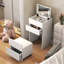 Meuble-lavabo 3 en 1 avec miroir ouvert, petit ensemble de coiffeuse avec bureau en verre visible, coiffeuse compacte avec 3 tiroirs, coiffeuse pour chambre à coucher