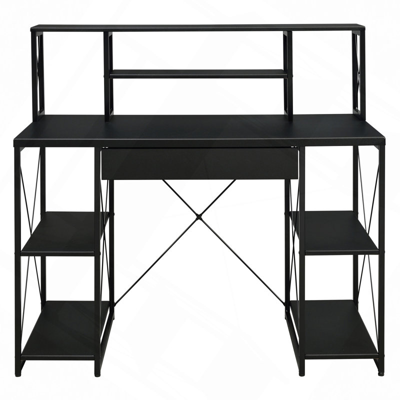 Bureau, bureau avec tablettes ouvertes et huche, Noir / Noir
