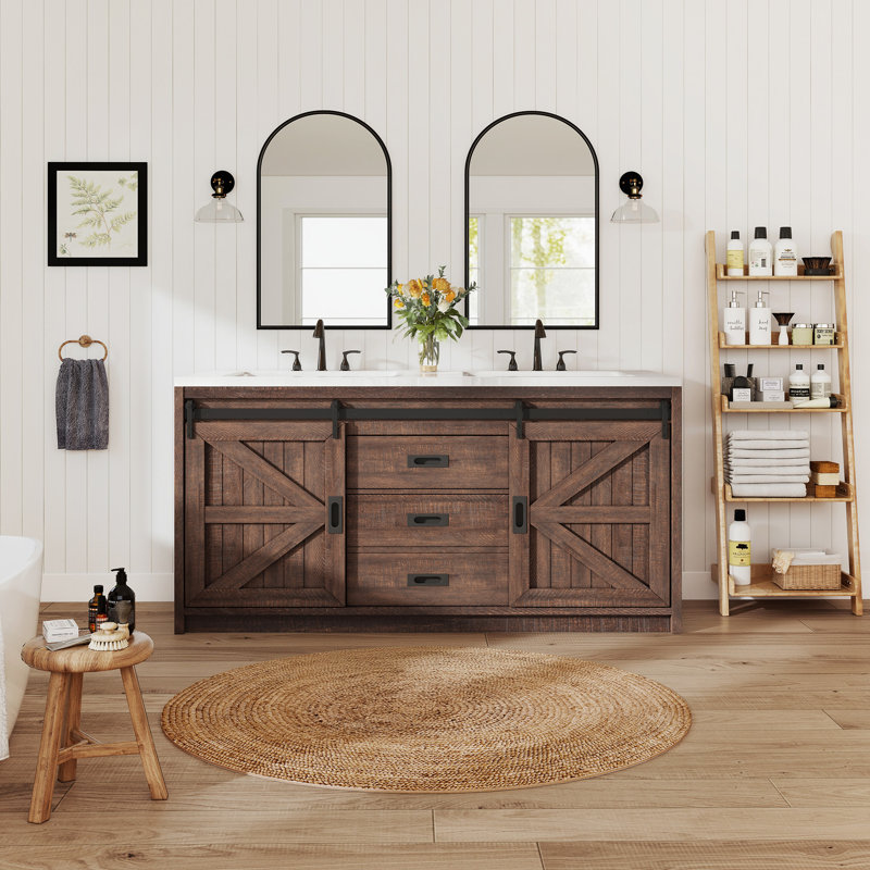 Ensemble de meuble-lavabo double en bois manufacturé 2 tiroirs 2 portes Chimira, 33.7" H x 60" W x 21.7" D, Brun rustique