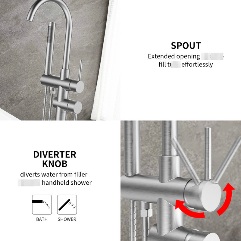 Robinet de baignoire à fixation au sol en nickel brossé avec douche à main - Fonctionnement à une poignée pour une gestion de l'eau pratique