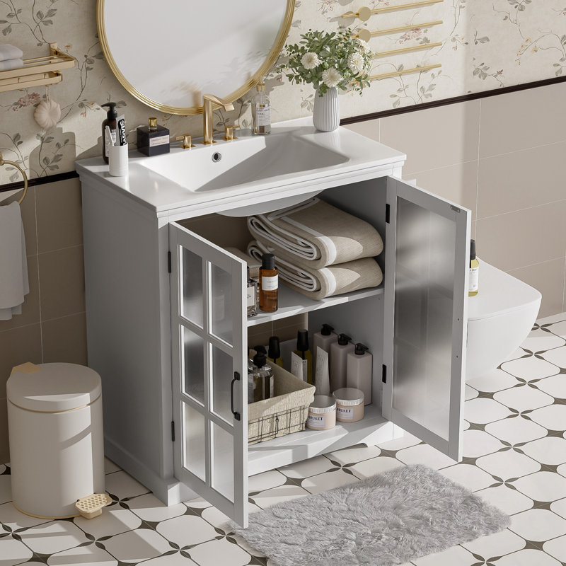 Meuble-lavabo de salle de bain avec lavabo, poignées en métal et 2 portes en verre, Blanc