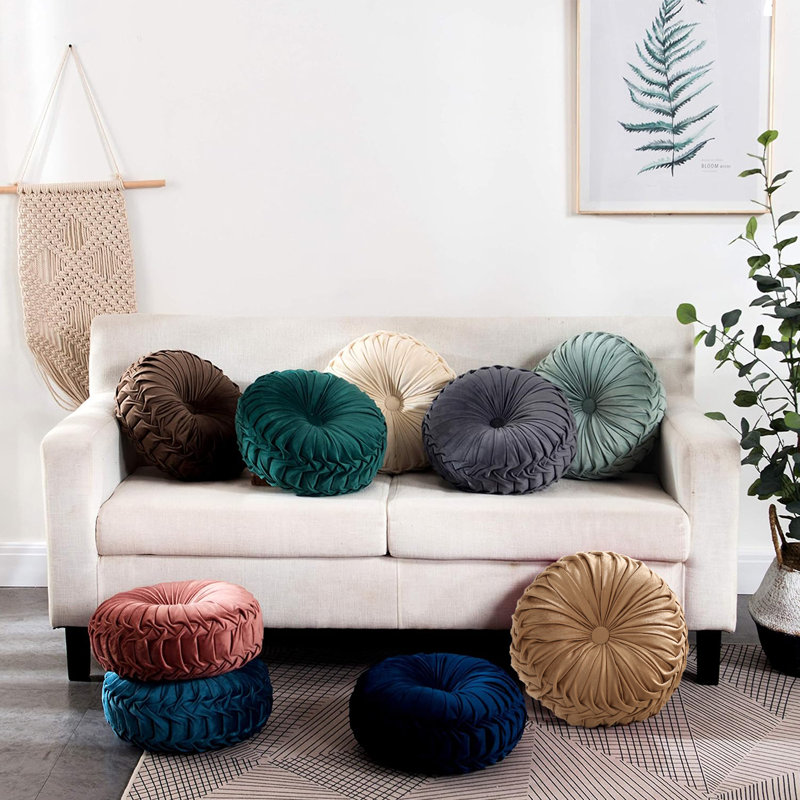 Velvet Round Throw Pillow for Couch Decor 15-Inch (Set of 2), Light Brown