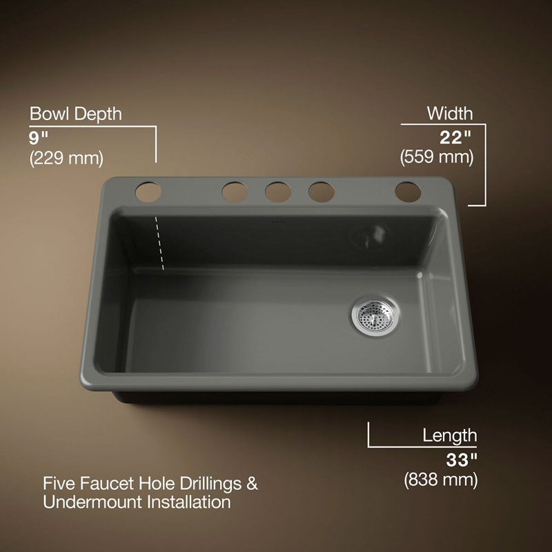 Riverby 33" x 22" x 9-5/8" Under-Mount Single-Bowl Kitchen Sink with Accessories, Thunder Gray