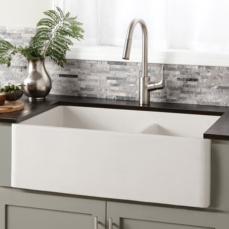 NativeStone® Concrete 33" L x 21" W Double Basin Farmhouse/Apron Kitchen Sink, Pearl