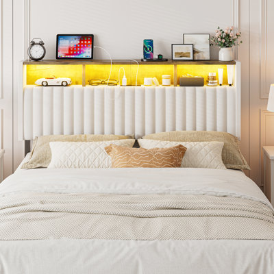  Tête de lit double avec rangement, hauteur réglable, tête de lit tapissier en velours avec lumières à DEL et station de charge, tête de lit autoportante moderne, facile à assembler, blanc