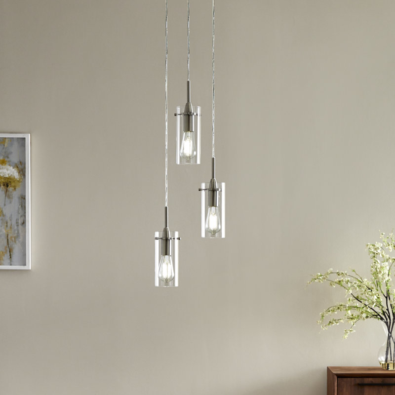 Luminaire suspendu cylindrique en grappe 3 lumières Angelina, Nickel brossé