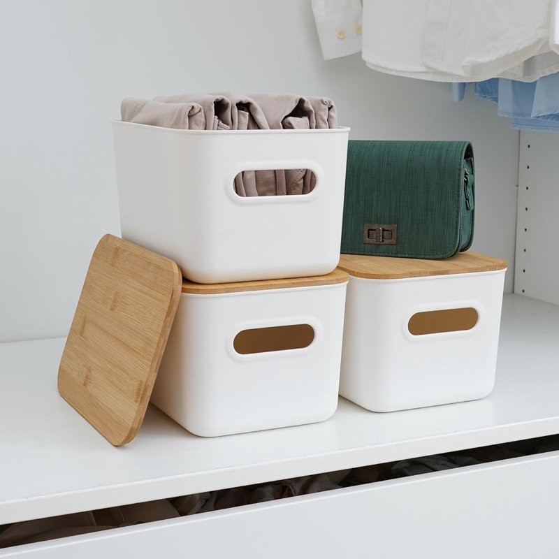 4 PCS Storage Bins With Bamboo Lids Plastic Storage Containers For Organizing Stackable Storage Box With Handle, 10.23 X 7.08 X 6.3 Inch