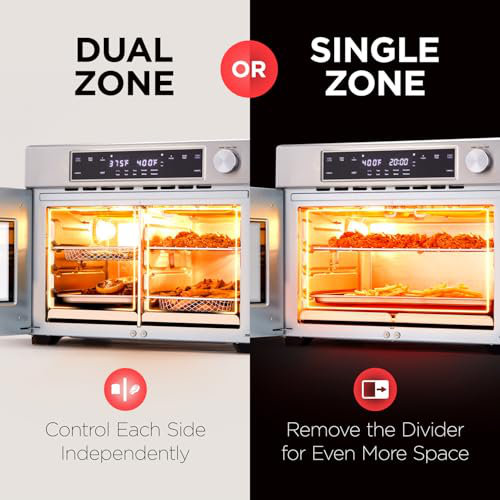 Dual Zone Air Fryer French Door Oven - 32 Qt Convection Toaster Combo - 10-in-1 Multifunction Up to 450° - 1800W - Temperature Control, Timer - Stainless Steel – Dehydrate, Broil, Bake, Roast, Ferment