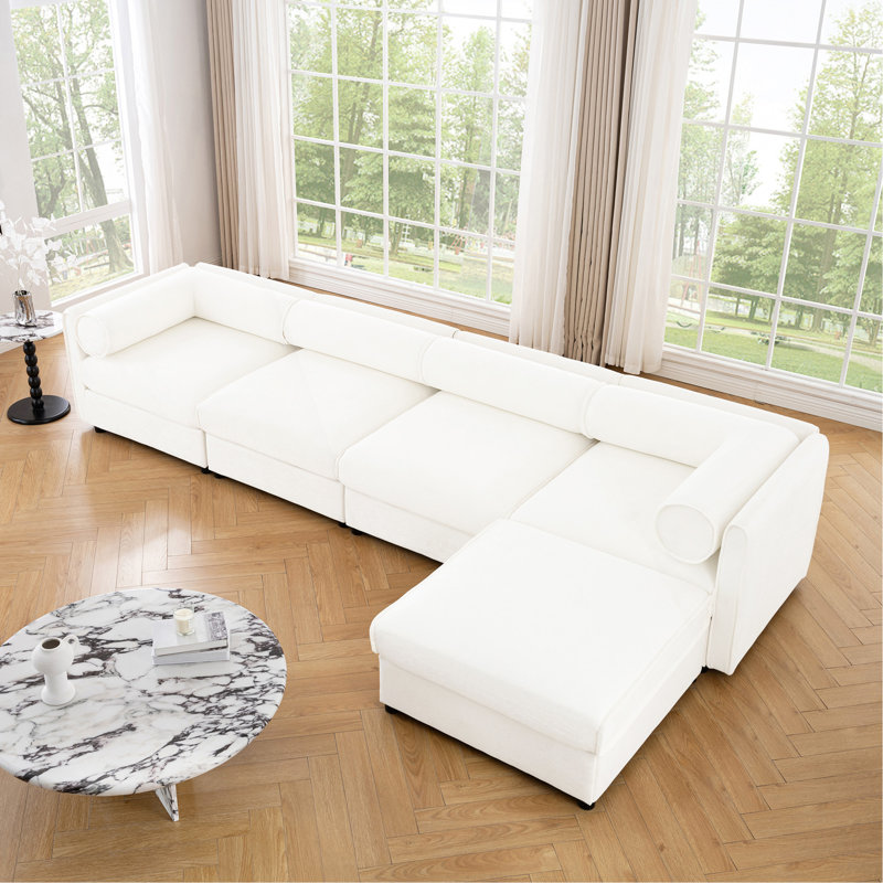 Canapé modulaire modulaire avec rangement, dossier cylindrique et accoudoirs, siège profond confortable et durable pour le salon, canapé en L à 4 places, blanc
