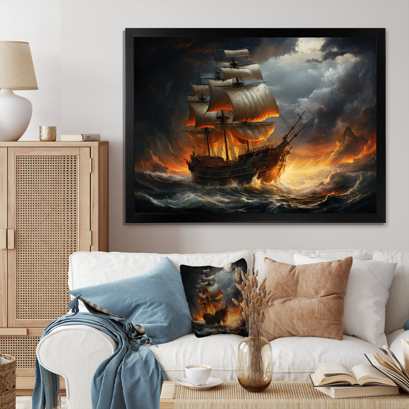 «Stormy Seas», art mural pirate, H 12 po x l 20 po x P 1 po, Cadre simple noir