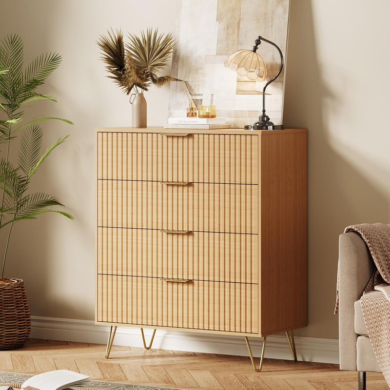 4-Drawer Fluted Wooden Dresser with Metal Handles, 32" Wide Bedroom Chest, Modern Storage Cabinet for Bedroom or Living Room