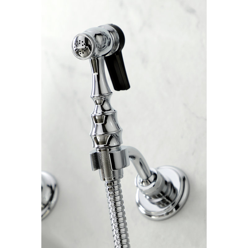 Kingston Brass Heritage Double-Handle 3-Hole Wall-Mount Bridge Kitchen Faucet with Brass Sprayer, Chrome