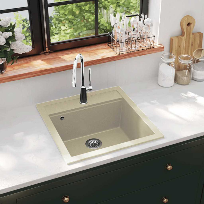Belfry Kitchen Emeline W Single Bowl Stone Kitchen Sink with 1 Faucet Hole, Beige