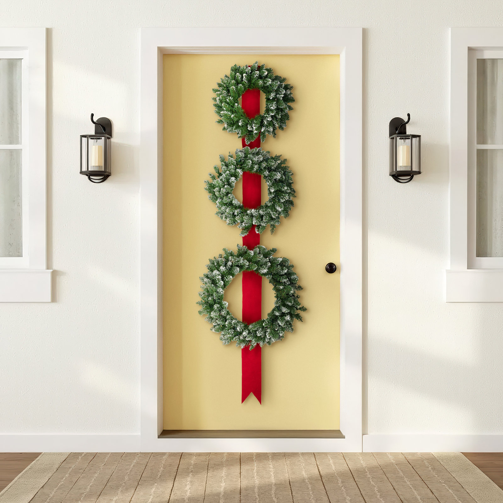 Pre-Lit B/O Flocked Wreaths on Red Ribbon Christmas Decoration 6.5'