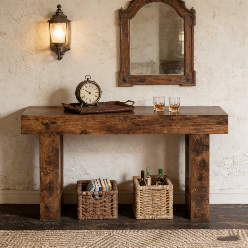 Console de 63 pouces de style maison de campagne avec design curviligne pour le couloir, le salon et derrière le canapé.