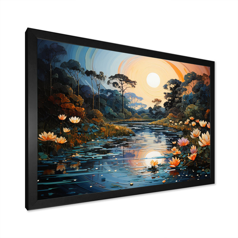 Blue Green Pointillism River At Night V - Pointillism Wall Art Living Room, H 12 po x l 20 po x P 1 po, Cadre photo noir
