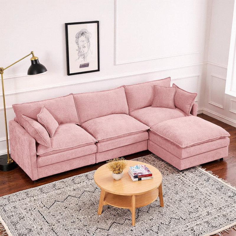 Canapé modulaire modulaire en L à 3 places avec repose-pieds, revêtement en chenille, configurable pour le bricolage, Cloud Comfort, beige