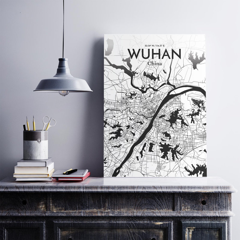 Carte de la ville de Whan, impression, Noir et blanc, H 27,6 po x l 19,7 po