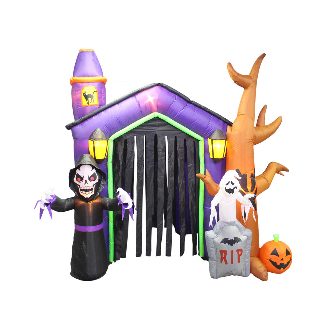 8.5 Foot Tall Lighted Happy Halloween Inflatable Haunted House Castle with Skeletons, Ghost and Skulls Indoor / Outdoor Holiday Blow Up Yard Garden Decoration Archway The Holiday Aisle®