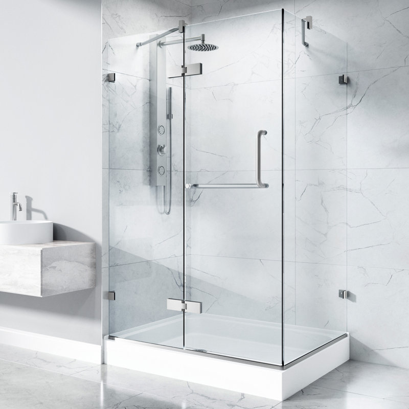 Monteray 48" W x 32" D x 79" H Hinged Frameless Shower Enclosure with 3/8  Clear Glass & Base, Brushed Nickel, Left
