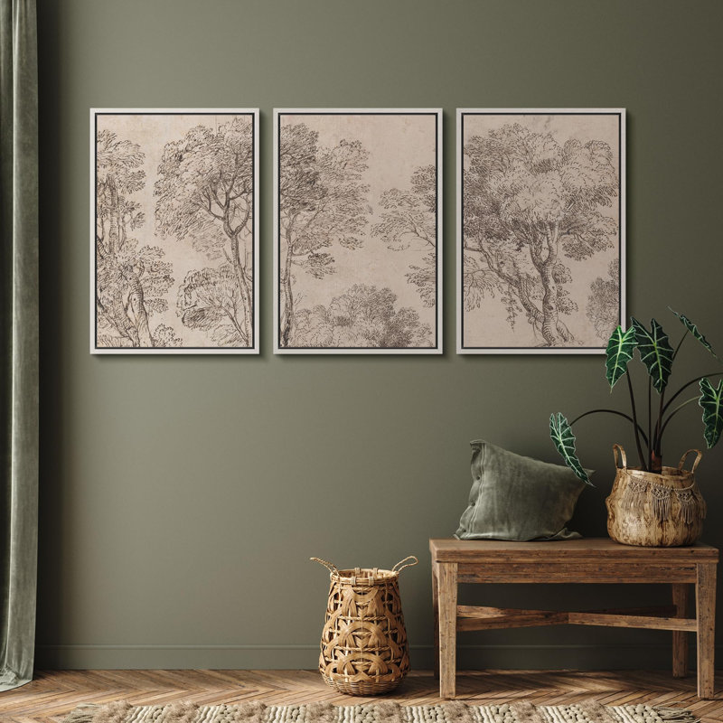 Forest Landscape " Monochromatic Tree Line Detailed Branches And Foliage Sketch " 3 - Pieces, Blanc
