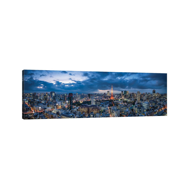 Tokyo Skyline Panorama At Dusk With View Of Tokyo Tower by Jan Becke - Wrapped Canvas Panoramic Print