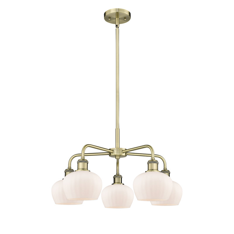 Lustre bol 5 lumières Calnie, Blanc mat, Laiton antique