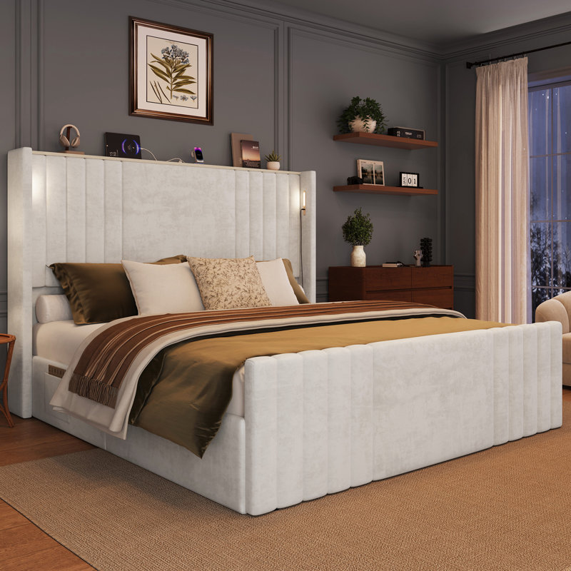 Velvet Upholstered Wingback Platform Bed, White, Queen