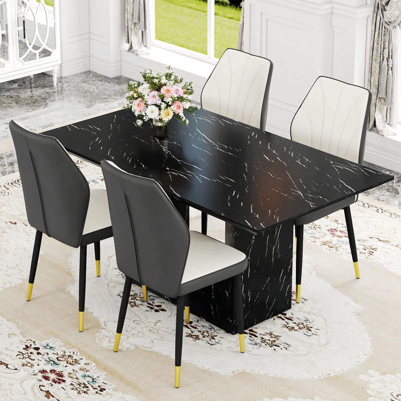 Table and chair set.Marble Pattern MDF Dining, Dark Gray