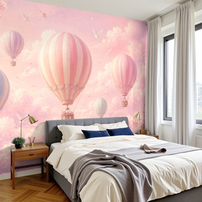 Papier peint à peler et coller, montgolfières, rose pastel doux, cerisiers en fleurs, oiseaux, murales, papier peint amovible, adhésif en PVC, H 100 po x l 144 po, pour chambre à coucher, bureau à domicile