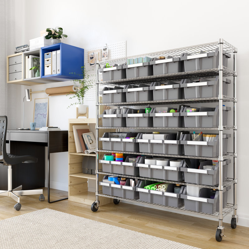 Extra-Wide Gray Steel 7-Tier Bin Rack with 21 Bins