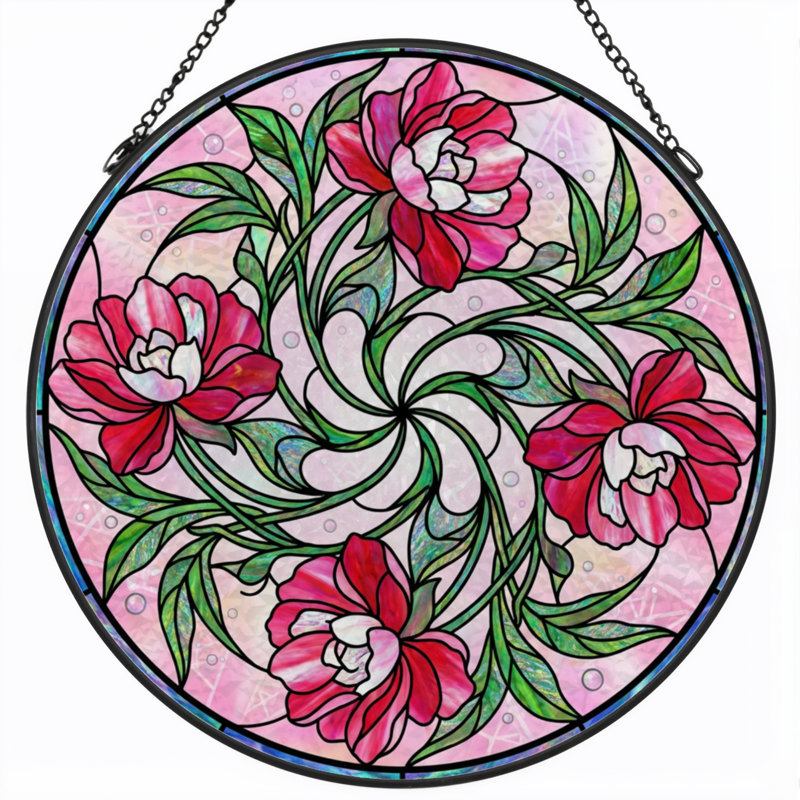 7.8"H Floral Pattern Stained Glass Window Panel, 7.8" H x 7.8" W