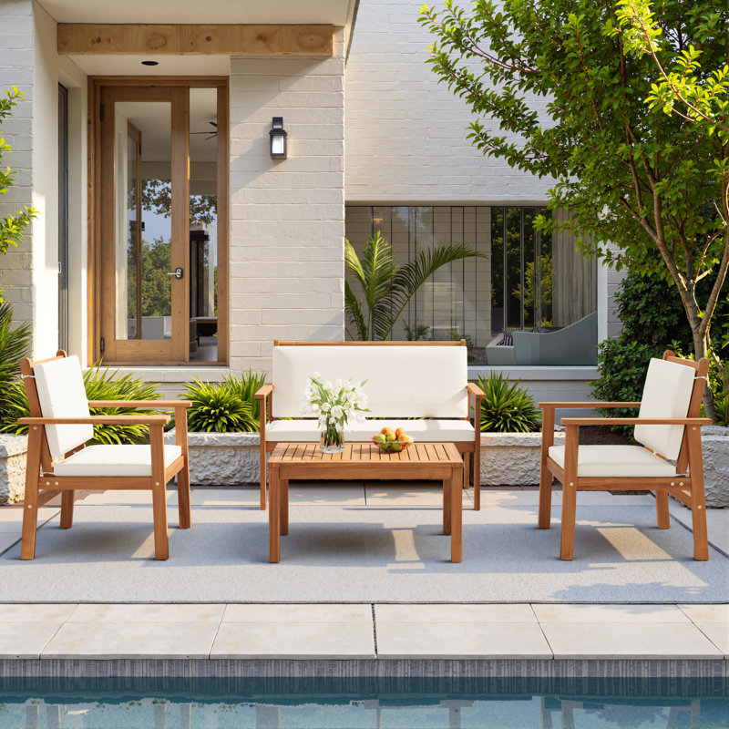 Kovach 4 Pieces Outdoor Acacia Wood Conversation Sets with Cushions,Patio Furniture Sets for Garden, Backyard, Poolside