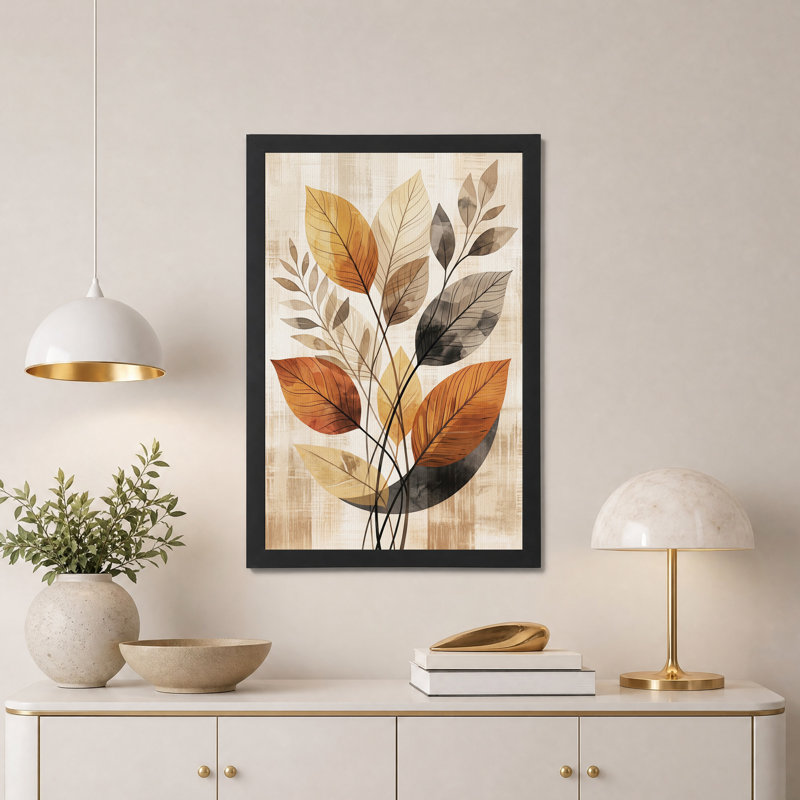 Tableau mural en toile beige texturée représentant des feuilles stylisées orange et grises, H 24 po x l 16 po
