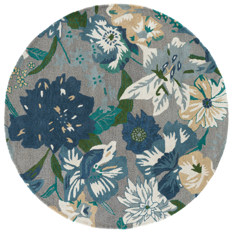 Avayah Soho Hand Tufted Wool/Viscose Floral Rug in Blue, Round 6'
