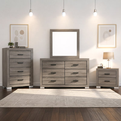 4-Piece Gray Wood Bedroom Set with Dresser, Mirror, Chest, and Nightstand