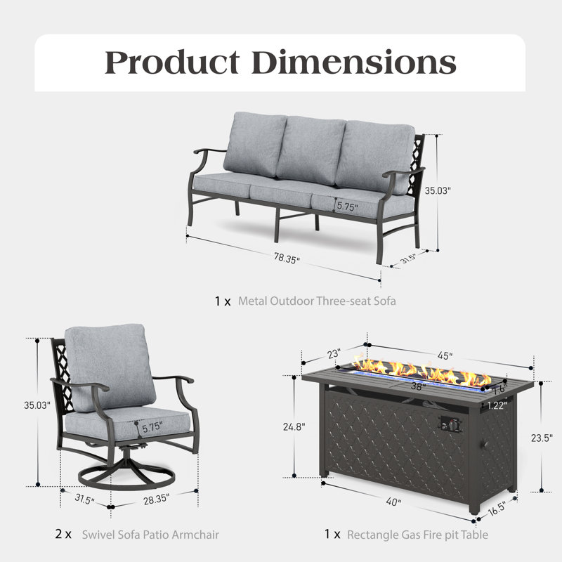 Asfand 5 - Person Patio Conversation Set with Swivel Lounge Chairs & Firepit Table, Gray