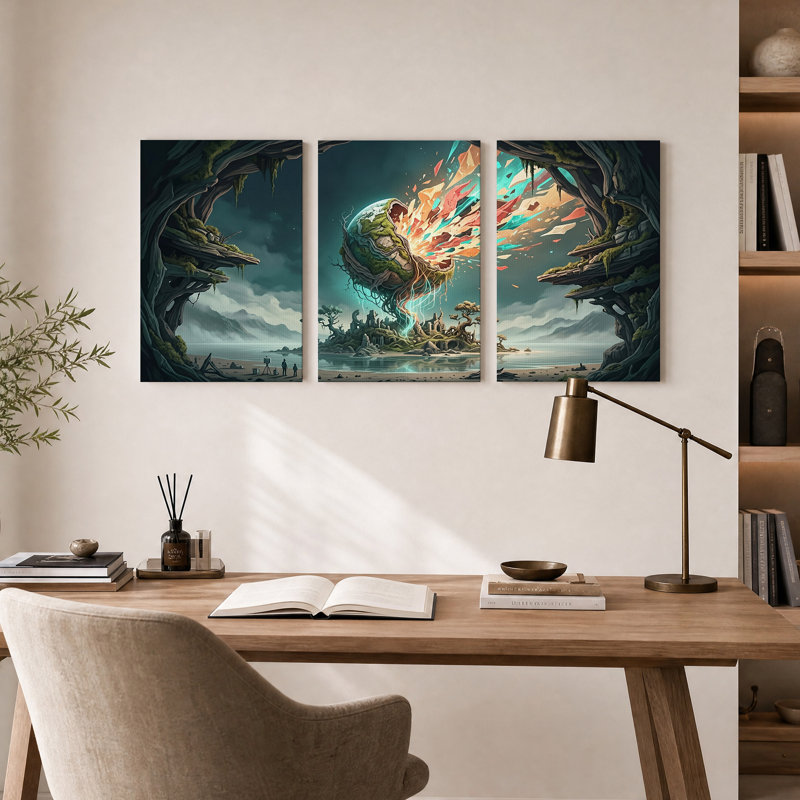 Ensemble de 3 toiles murales représentant un globe terrestre fantastique se brisant en éclats colorés, 18"H x 12"W x 3pcs