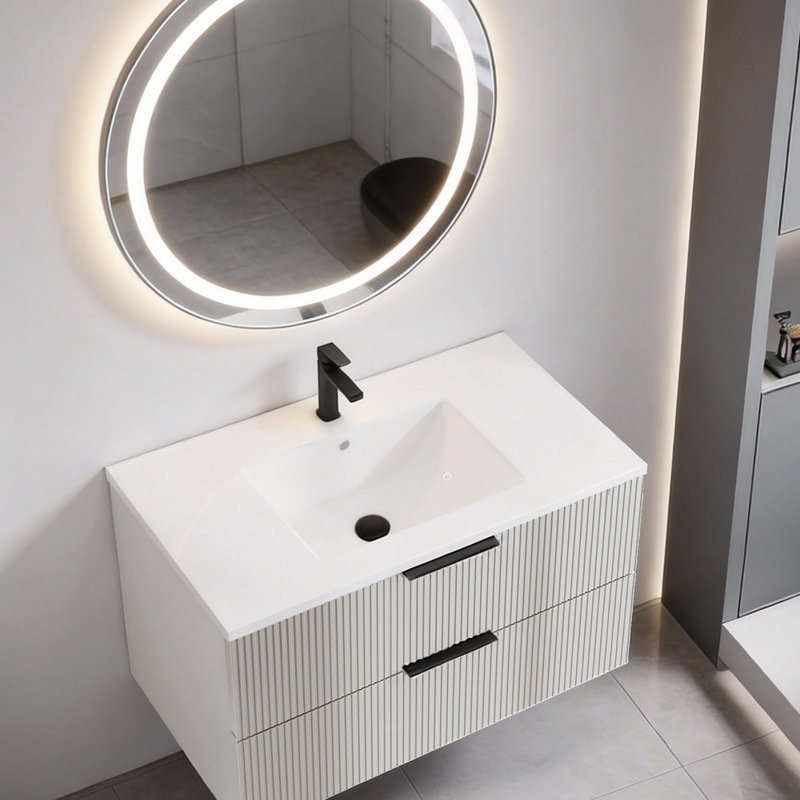 Bathroom Vanity Cabinet with Sink Black Wall Mounted Bathroom Vanities with Ceramic Sink Floating Fluted Sink Vanity with Drawers,Modern