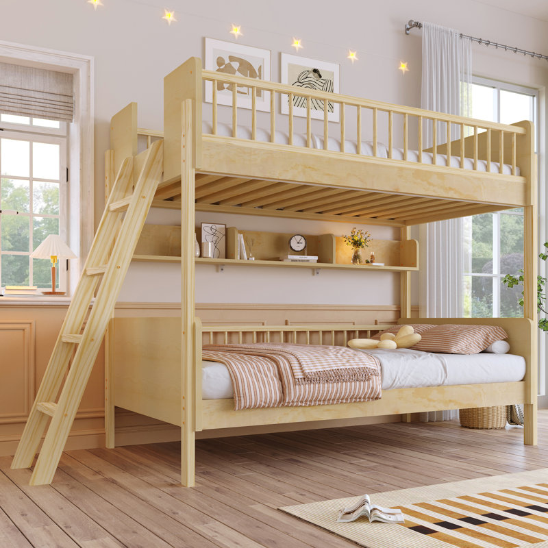 Wood Bunk Bed with Built-In Storage Shelves and Reversible Ladder for Space Saving, Natural