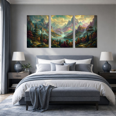 Paysage de montagne, art sur toile tendue, ensemble de 3 reproductions de peintures à l'huile pour salon