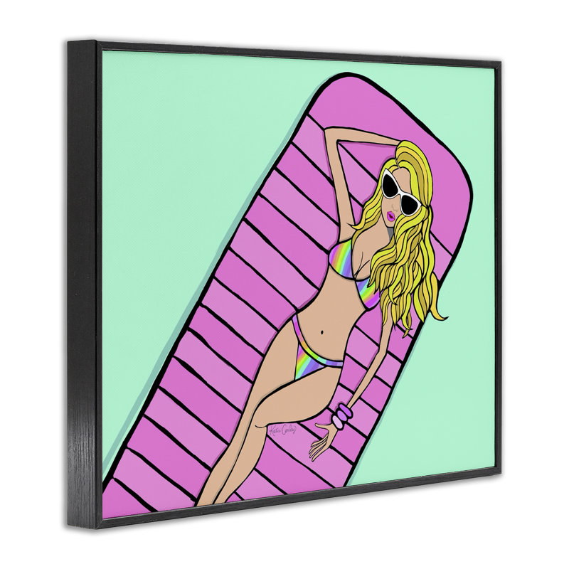 «Trendy Girl on Pool Float», estampe numérique, design par Katie Conley, H 11 po x l 14 po, Giclée encadrée noir minuit