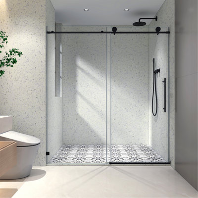 5476 NOIR une porte de douche fixe et une porte décalée sans cadre