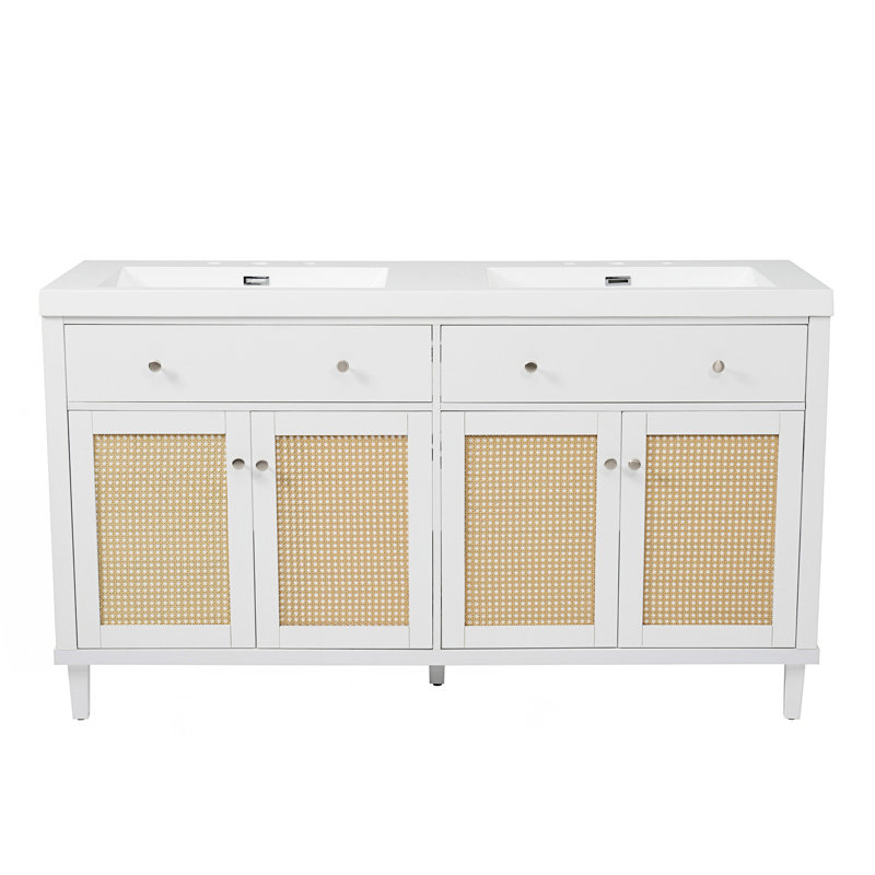 Meuble-lavabo de salle de bain avec lavabo double (lavabo SMC), grand espace de rangement avec 2 plateaux basculants / tiroirs rabattables et 4 portes à fermeture douce
